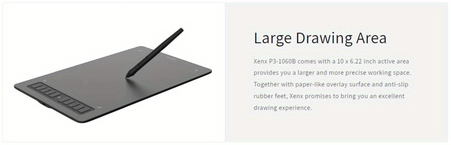 XENX Graphics Drawing Tablet 10 x 6.22 Inch, 8192 Pressure Sensitivity Battery-Free Passive Stylus