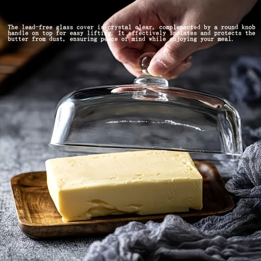 Wooden Butter Dish Base with Clear Glass Cloche Lid and 18 x 12 x 10.9 cm Serving Tray for Table Use