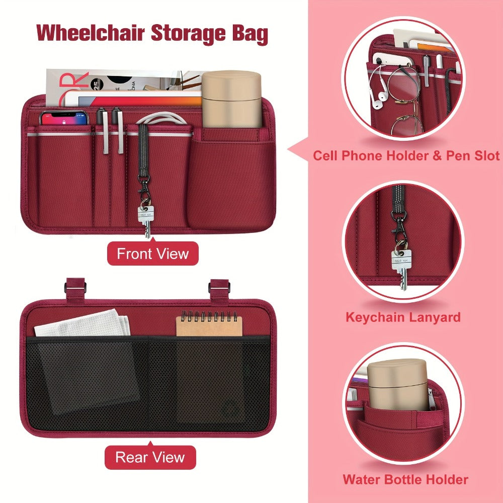 Wheelchair Bag Side Storage with Cup Holder Reflective Strips 8 Pockets 14x7.5 Inch for Entryways, Bedrooms and Living Spaces