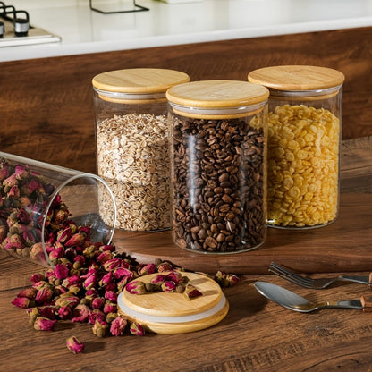 Food Storage Containers Six-Piece 32 oz Glass Jar Set with Bamboo Lids, Labels and Pen for Pantry Storage
