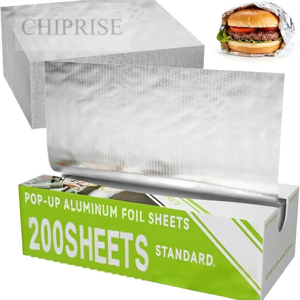 Pre-Cut Aluminum Foil Sheets 200-Count 9x10.75 Inch Pop-Up Dispenser Box Heavy Duty Foil for Baking Grilling Roasting Cooking Food Storage