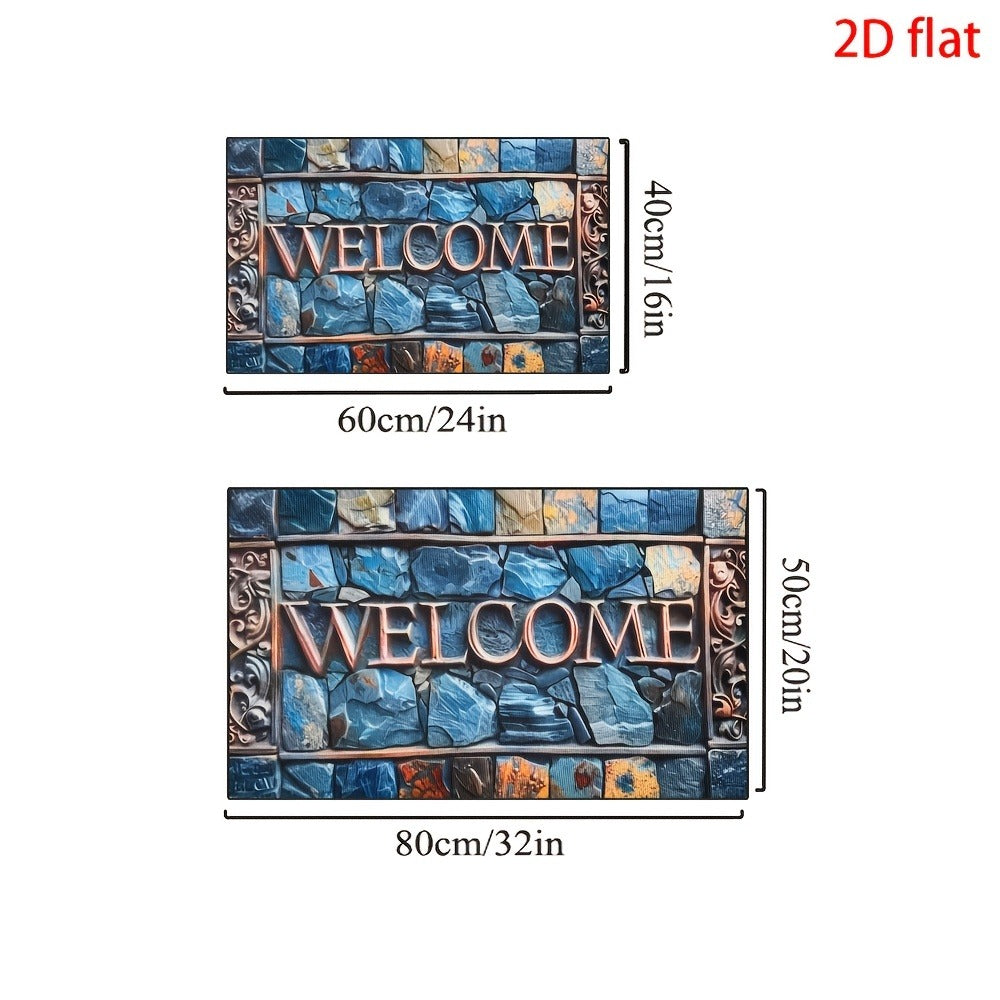 Blue Mosaic Stone Welcome Doormat in 40 x 60 or 50 x 80cm Rectangular Size Options Pictured
