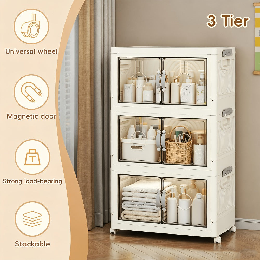 Collapsible Storage Bin with Lid, Foldable Storage Cabinet 2/3/4/5 Layer 48QT Plastic Organizer, Freestanding Storage Rack for Home