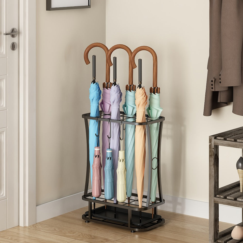 Metal Umbrella Stand with Drip Tray – 4-Tier Freestanding Umbrella Holder, Sleek Polished Finish, Space-Saving Entryway Storage for Home