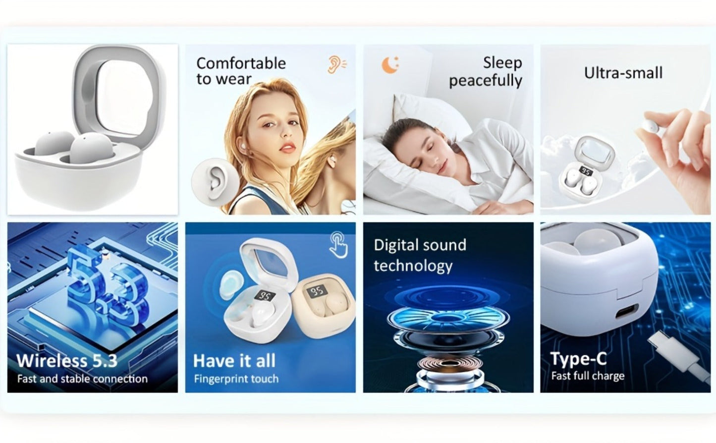 Wireless Earbuds MSHUKCOE Ultra-Thin Sleep and Game Modes with Compact Case in Khaki or White