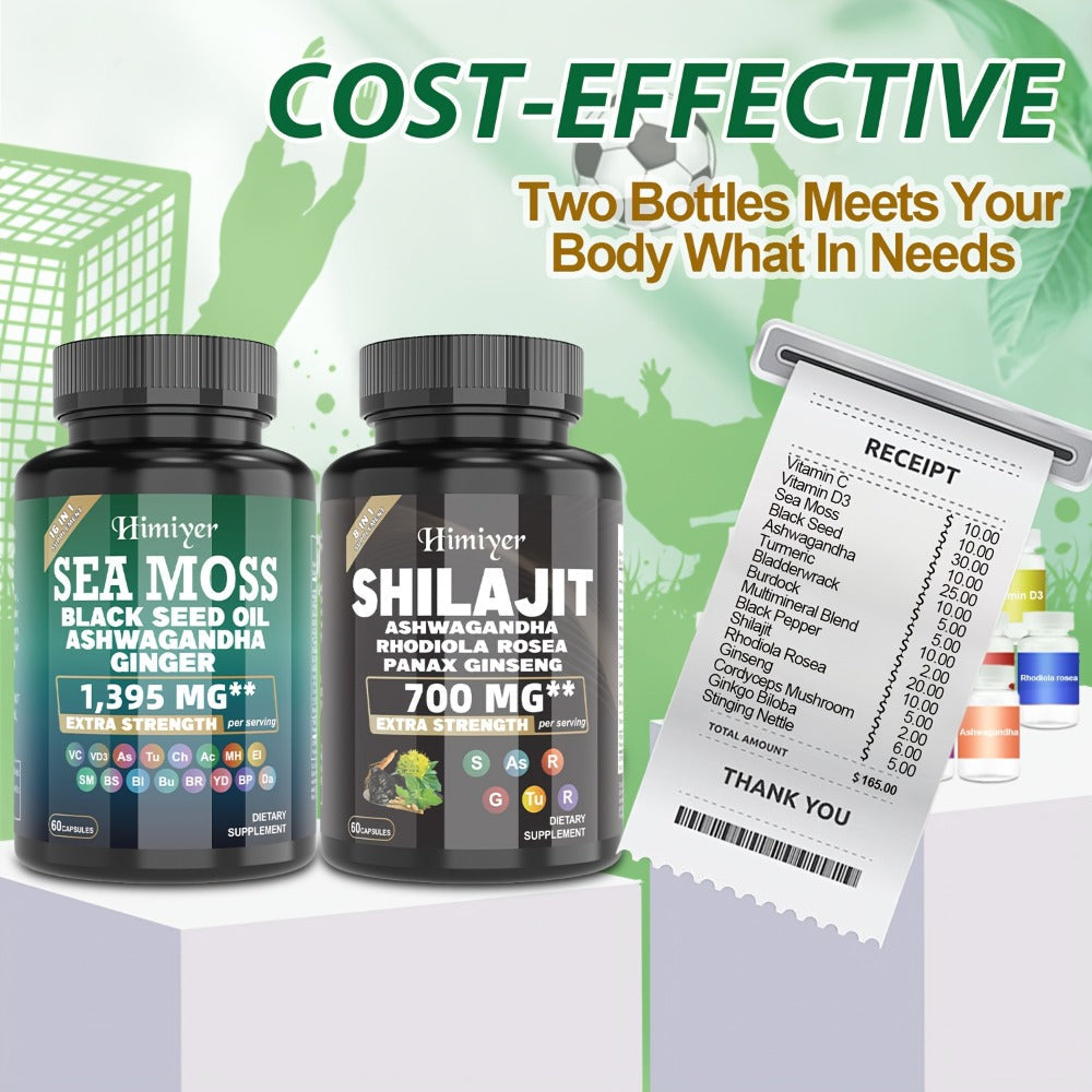 Dietary Supplement Sea Moss and Shilajit Capsule Bundle with Two- or Six-Piece available options