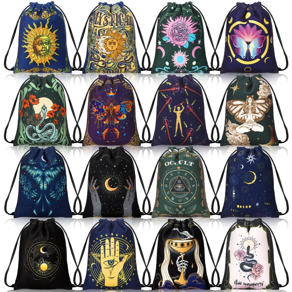 Velvet Tarot Card Bags 16 Pcs Mystical Drawstring Pouches 7.1x5.9 Inch – Dice Jewelry Storage Bag Set for Tarot Enthusiasts
