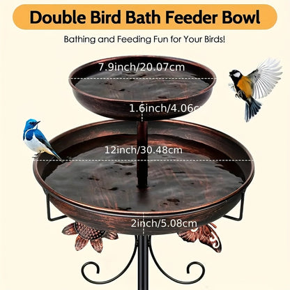 Two-Tier Bird Bath and Feeder with 5-Claw Ground Stake, Copper-Color Bowls and Leaf Accents
