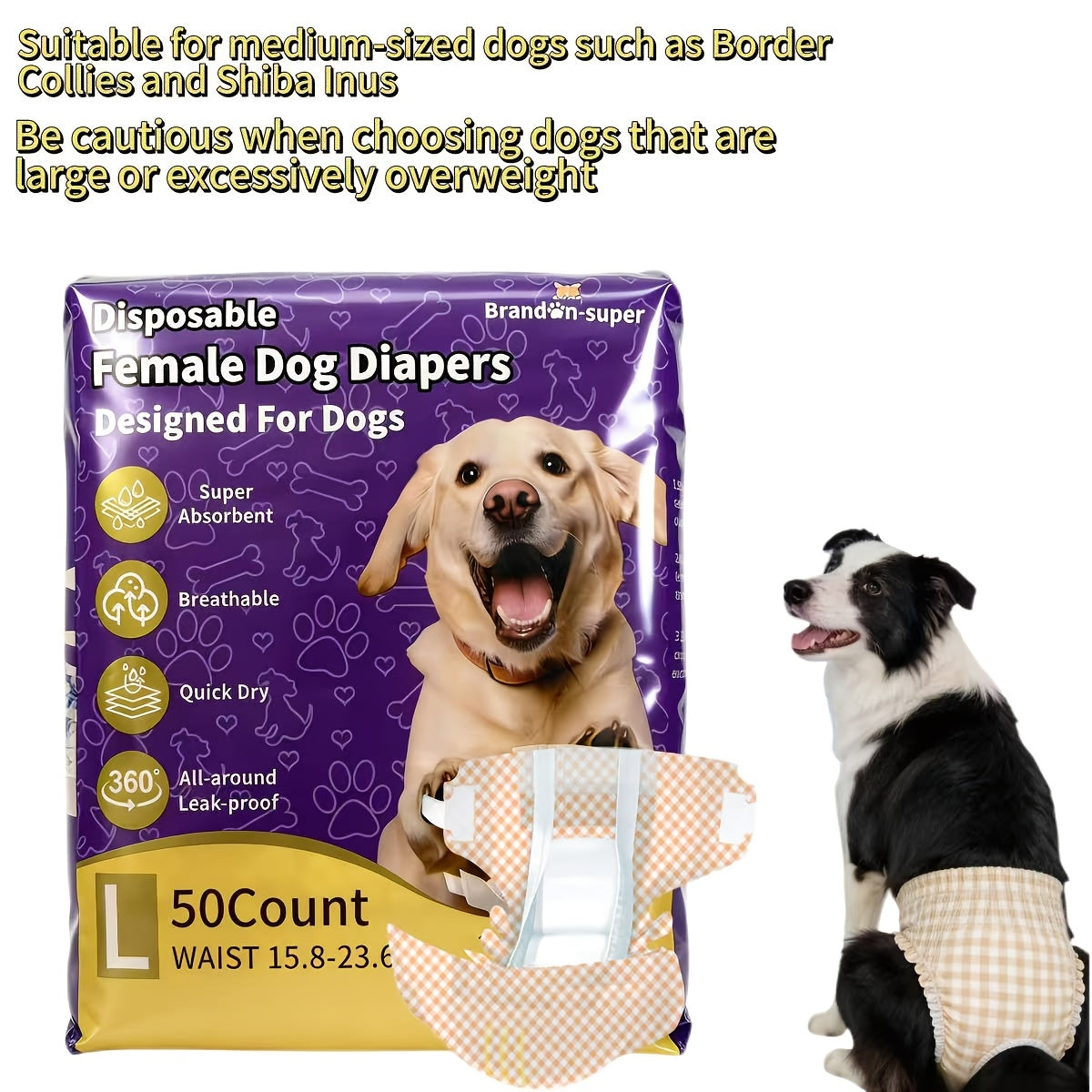 Disposable Dog Diapers 50-Pack for Male & Female Dogs – Super Absorbent Leak-Proof Pet Nappies, Comfortable Fit for Puppies, Senior Dogs