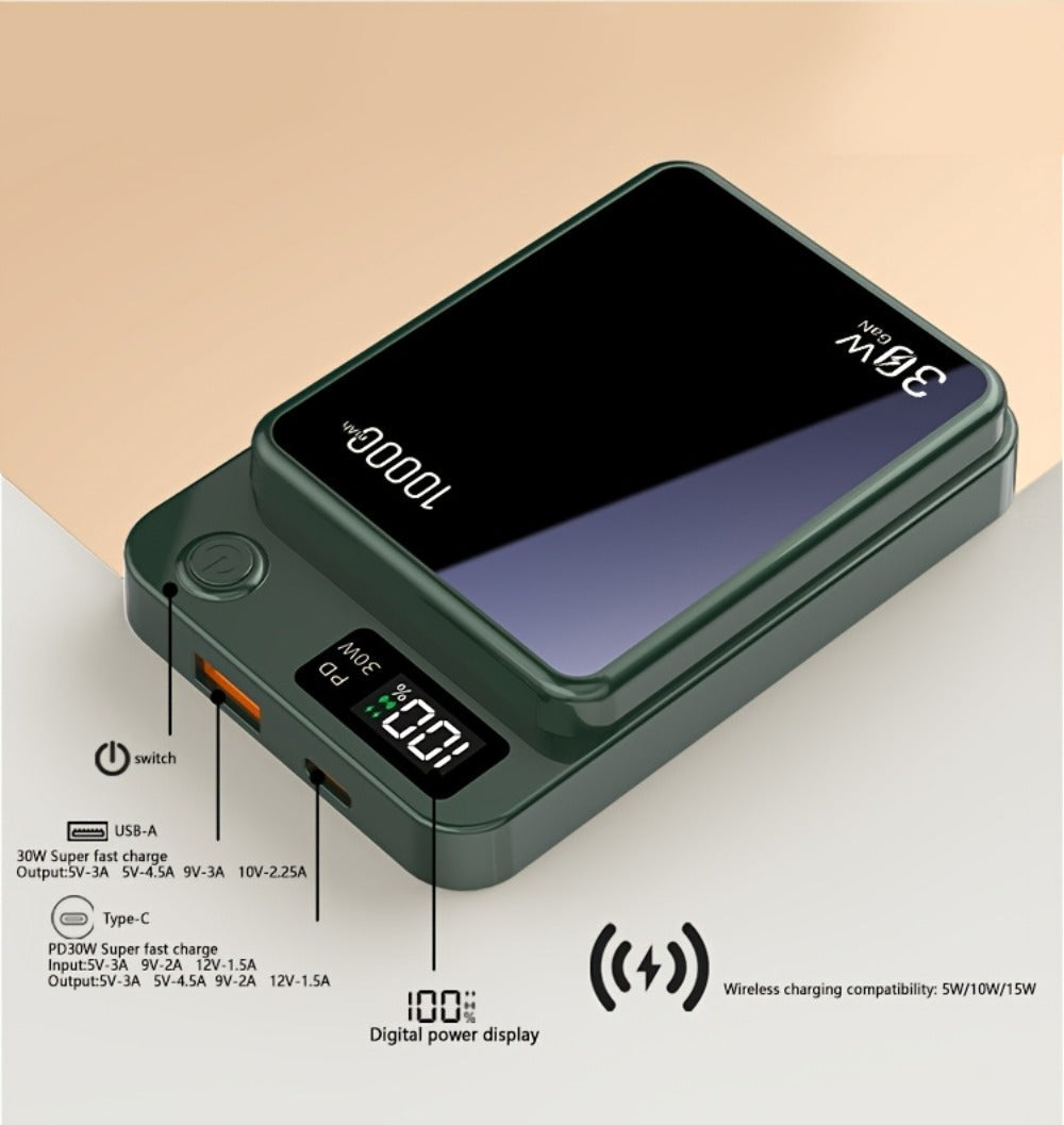 Power Bank Magnetic 6000-15000mAh with 30W Wired, 15W Wireless, Dual USB-C and Display in Four Colors