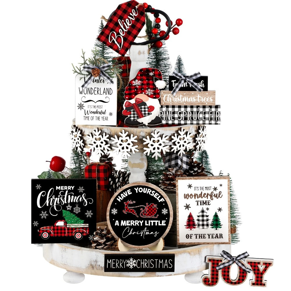 Tiered Tray Decor Set 15/20pcs Winter Christmas Farmhouse Wooden Signs - Buffalo Check for Entryways, Bedrooms and Living Spaces