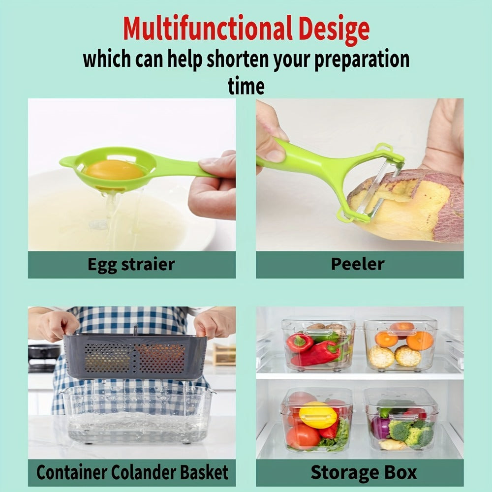 22-in-1 Vegetable Chopper with Gray Container, 13 Blade Inserts, Lemon Squeezer and Egg Separator Accessories