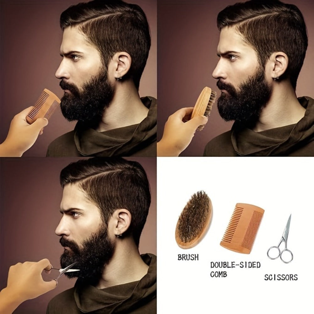 Beard Grooming Kit Men 6-Piece Complete Set – Beard Oil Conditioner Brush Comb Scissors & Storage Bag, All-in-One Beard Care Gift for Dad