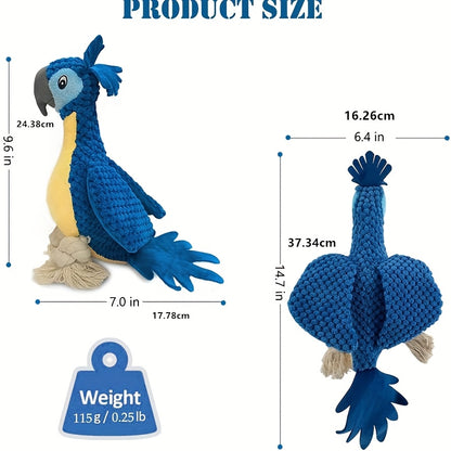 Squeaky Dog Toy Plush Parrot with Rope Interactive Chew Toy Soft Durable Stuffed Animal for Teething Puppies Small Medium Large Dogs