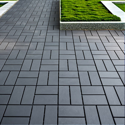 Gray 44-Piece Interlocking Deck Tile Set with 12-Inch Square Brick-Block Surface Pattern Pictured