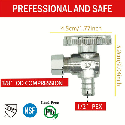 PEX Angle Stop Valve 5pcs – 1/2" PEX x 3/8" OD Compression, 1/4 Turn Shut-Off Valve, Chrome Brass