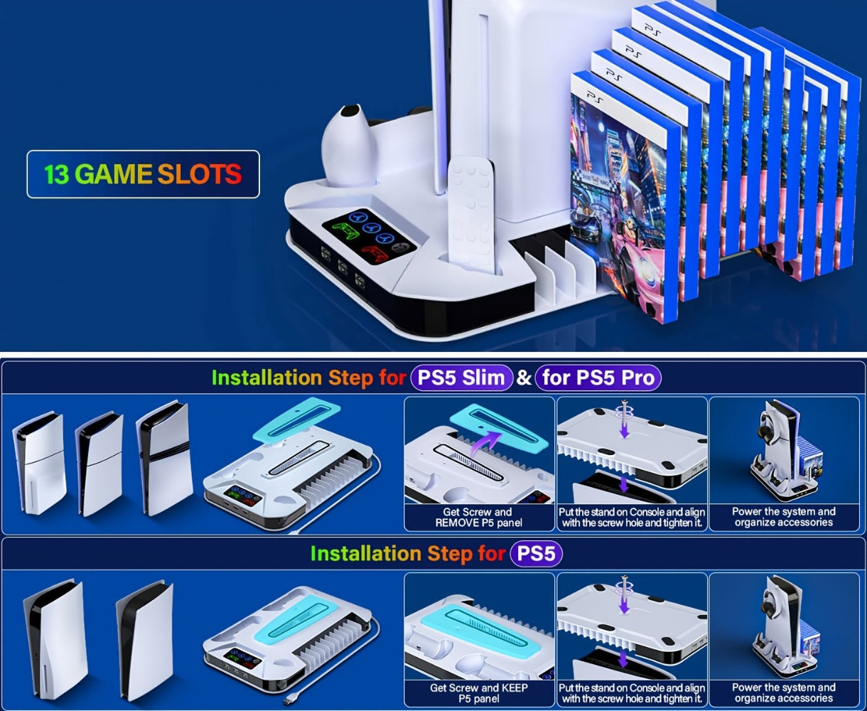 PS5 Cooling Station with USB Hub & Dual Controller Charging Dock for PS5/Slim/Pro, PlayStation 5 Stand Cooler with 3 USB Hubs