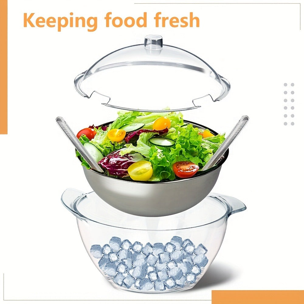 Stainless Steel Ice Chiller Salad Bowl with Lid and Serving Spoons – Large Refrigerated Veggie Fruit Tray with Ice Chiller Base for Party