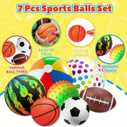 Kids Playground Ball Set 7-Pack with Air Pump, 10.6 Inch Outdoor Ball Plus 6-Inch Basketball Football Rugby