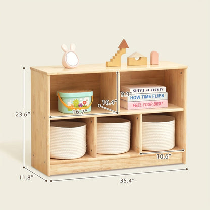 Rubber Wood 5-Compartment Bookshelf 35.4", 2-Tier Wooden Storage Cabinet for Classroom, Playroom & Preschool