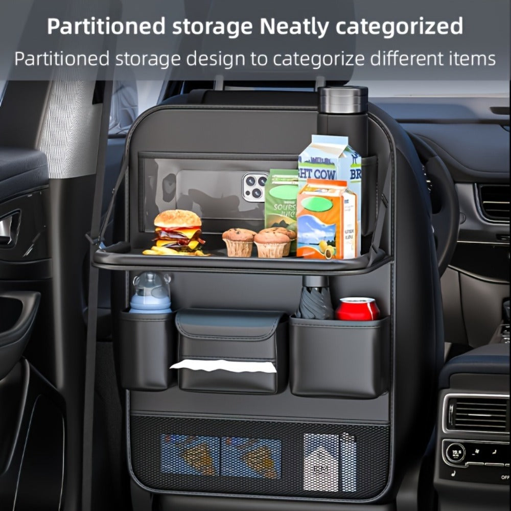Seatback Car Organizer with Fold-Down Tray, Cup Recesses, Tissue Opening and One- or Two-Piece Packs