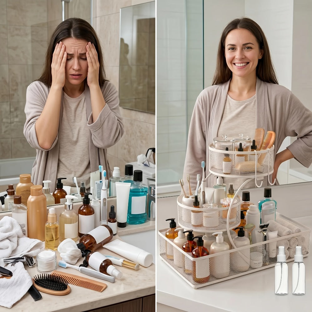 Three-Tier Metal Mesh Countertop Organizer with Black or White Finish and Optional Hooks or Spray Bottles
