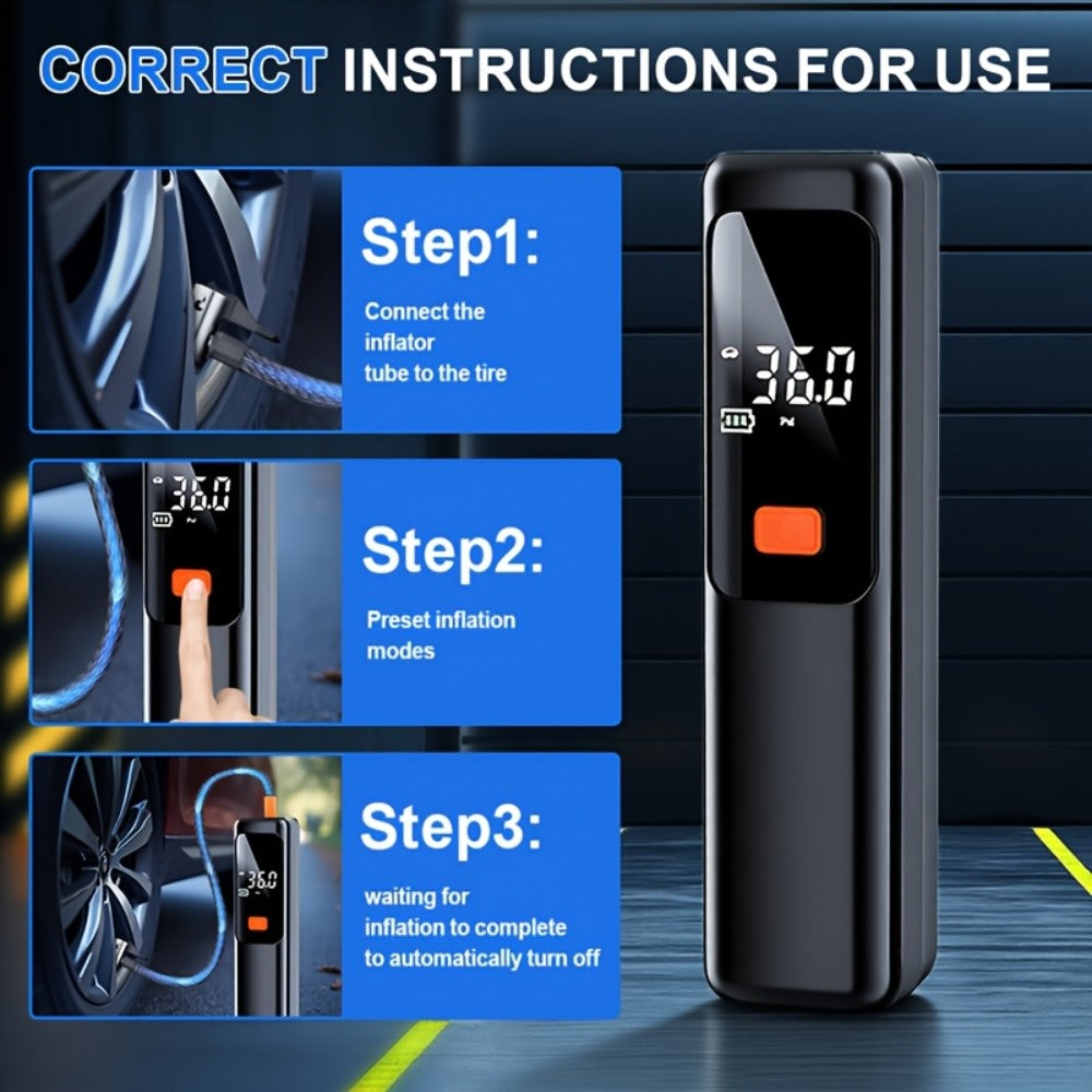 Portable Tire Inflator Wireless Air Compressor with Digital LED Display Auto Pressure Detection USB-C Rechargeable for Car Bicycle