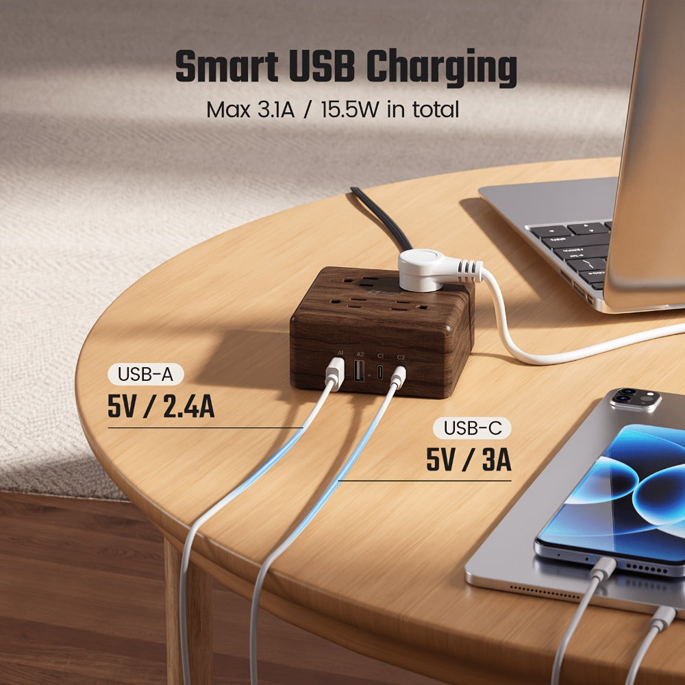 Power Strip 8-in-1 with 4 Widely Spaced AC Outlets, 4 USB Ports and 5-Foot Cord in Three Color Options
