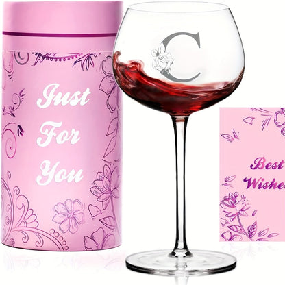 Personalized Wine Glass Gift for Women – A-Z Initial Letter Monogrammed Wine Glass with Gift Box & Greeting Card – Unique Birthday