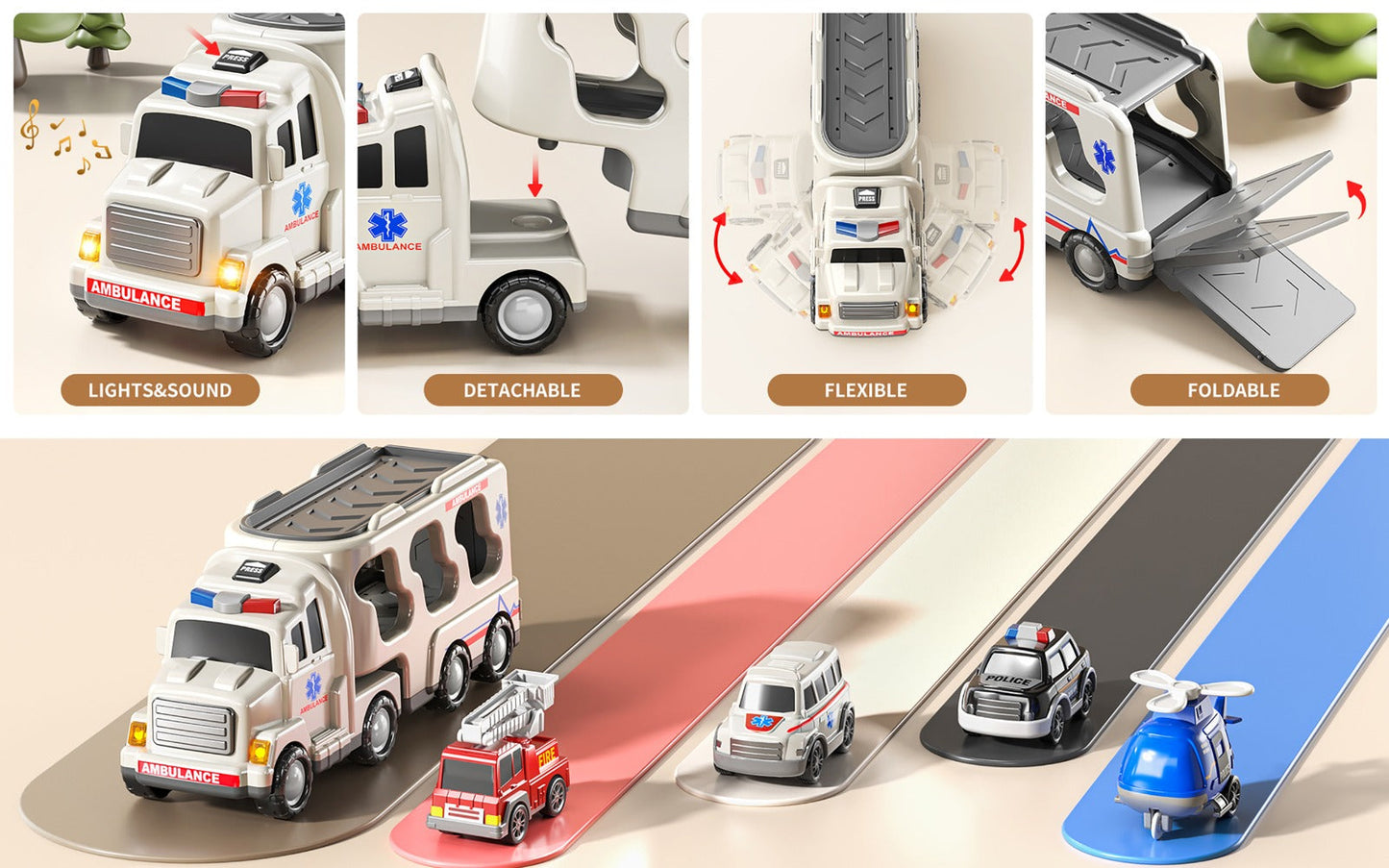 Ambulance Truck Toy 5-in-1 Carrier Set with Lights & Sounds, Friction Power Emergency Vehicle Playset for Kids Boys Ages 3+