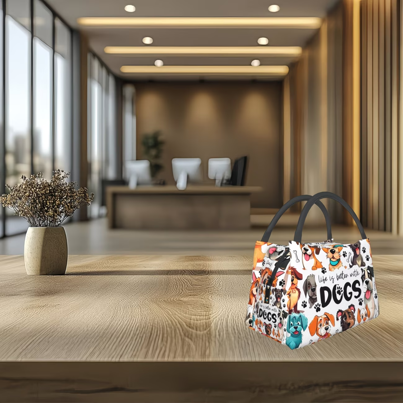 Dog-Print Lunch Tote with Black Handles in a 10.6 x 6.3 x 6.7-Inch Single Checkout and Zip Top