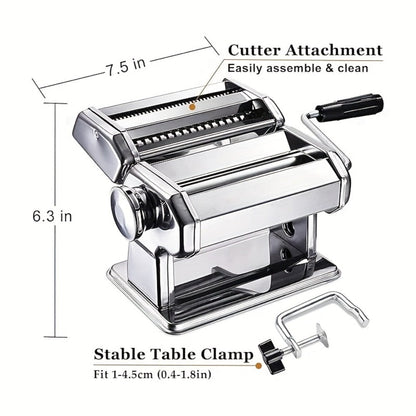 Pasta Machine with 8 Adjustable Thickness Settings, 2-in-1 Stainless Steel Manual Pasta Maker with Roller & Cutter