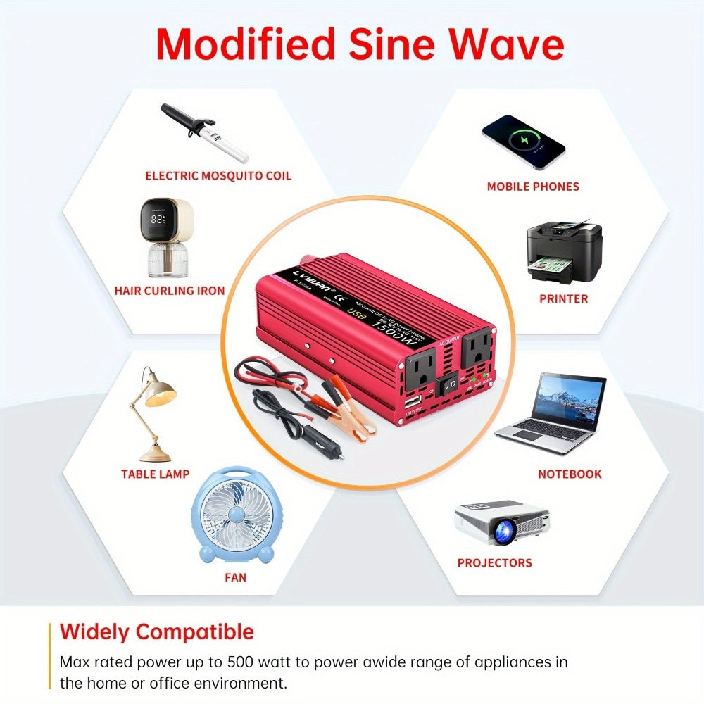 Car Power Inverter 500W 12V to 110V AC Outlet Converter with QC3.0 USB Port for Vehicle Boat Truck RV Portable Auto Power Adapter 200W Rated