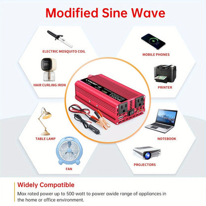 Car Power Inverter 500W 12V to 110V AC Outlet Converter with QC3.0 USB Port for Vehicle Boat Truck RV Portable Auto Power Adapter 200W Rated