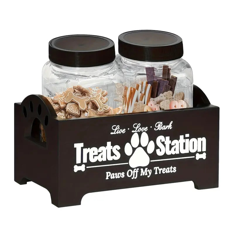 Dog Treat Storage Container Set – Rustic Wooden Organizer with 2 Plastic Treat Bins, Airtight Pet Food Storage for Kitchen Counter