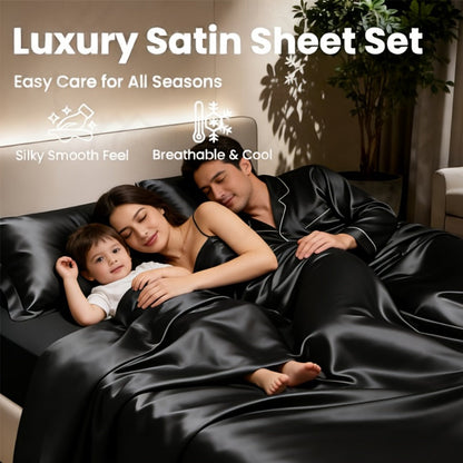 Sheet Set, Satin Bedding with 16-Inch Fitted Pocket, Three- or Four-Piece Size Configuration and Seven Solid Colors