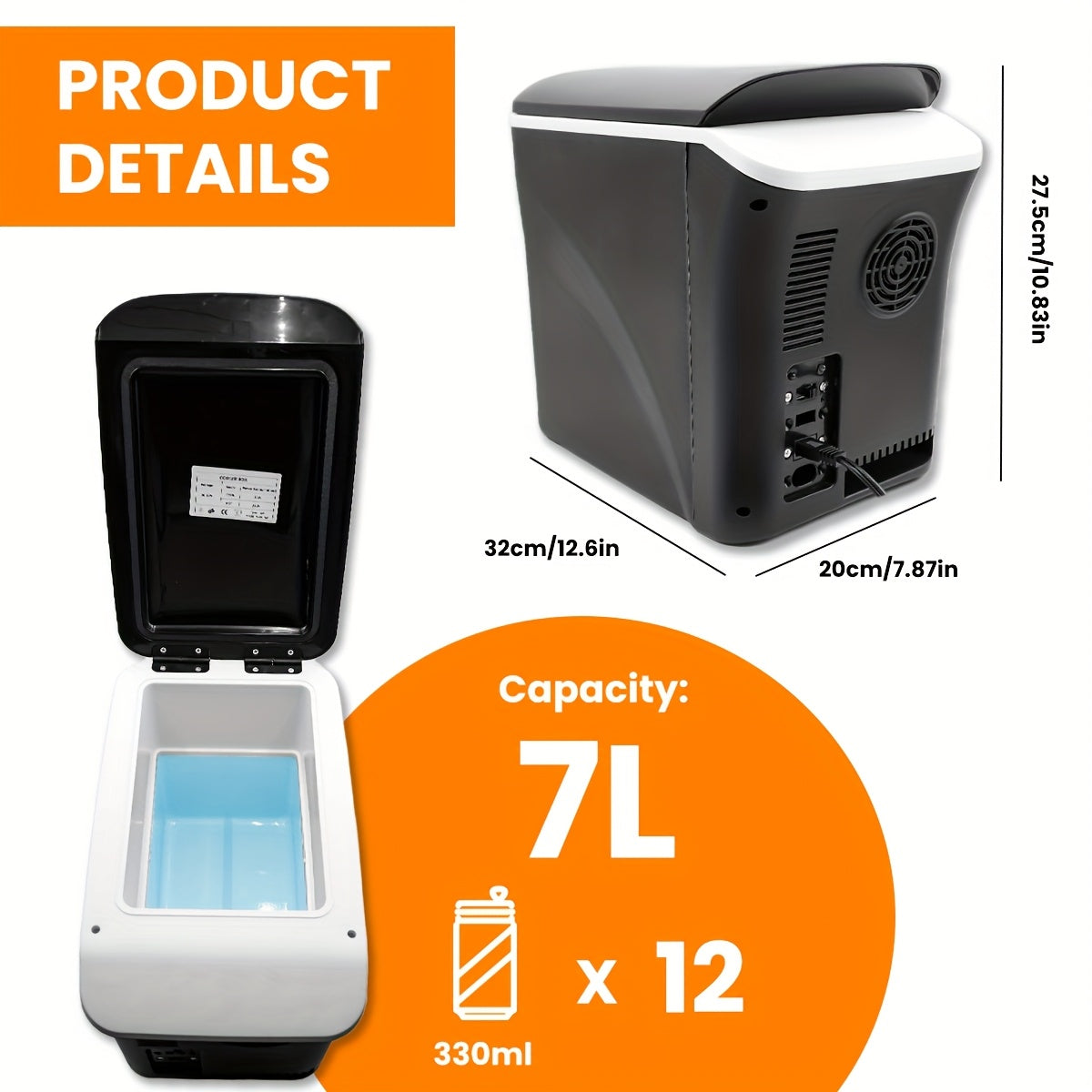 Car Mini Fridge, 3 Gallon 12V/24V DC Portable Car Refrigerator Cooler, Cools to -7°C, Fits 12x330ml Cans