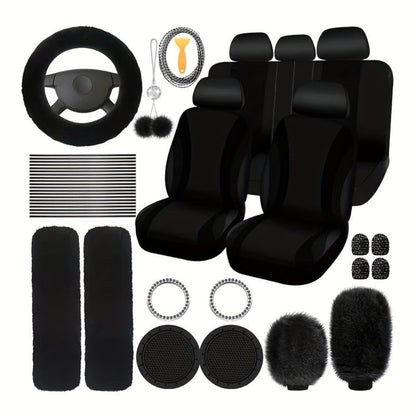 Car Interior Accessories Set for Women 45-Piece – Plush Steering Wheel Cover, Seat Cushion & Pendant, Universal Fit All Seasons