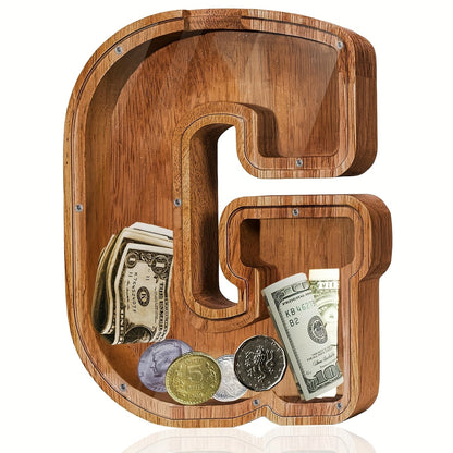 Personalized Wooden Piggy Bank for Kids – A-Z Alphabet Letter Initial Coin & Bill Savings Bank for Boys & Girls