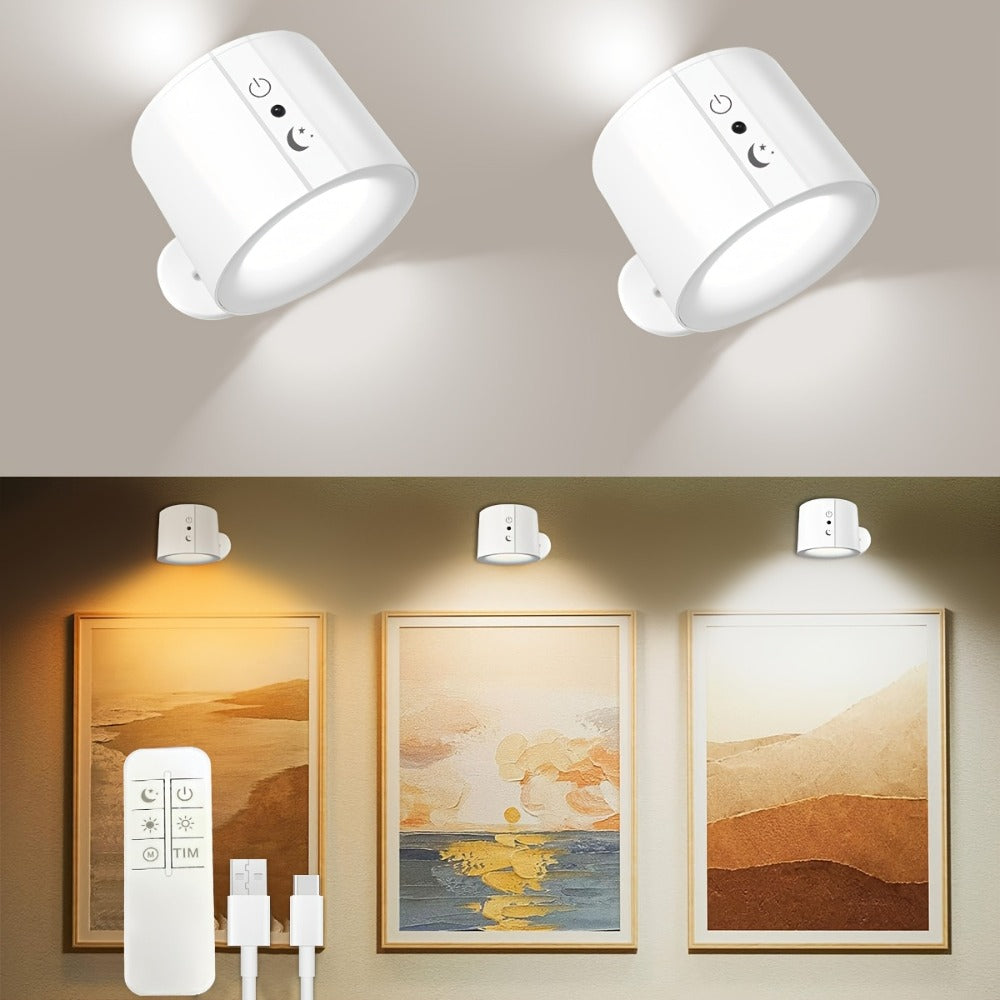 USB Rechargeable LED Wall Light 2 Pack, 360° Rotating Magnetic Ball Touch Control Reading Lamp with 3 Color Temps