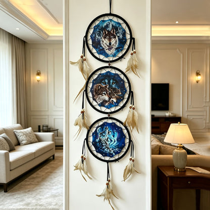Wolf Dream Catcher Wall Decor with Three Printed Circles, Beads and Feather Accents in Two 6-Inch Styles