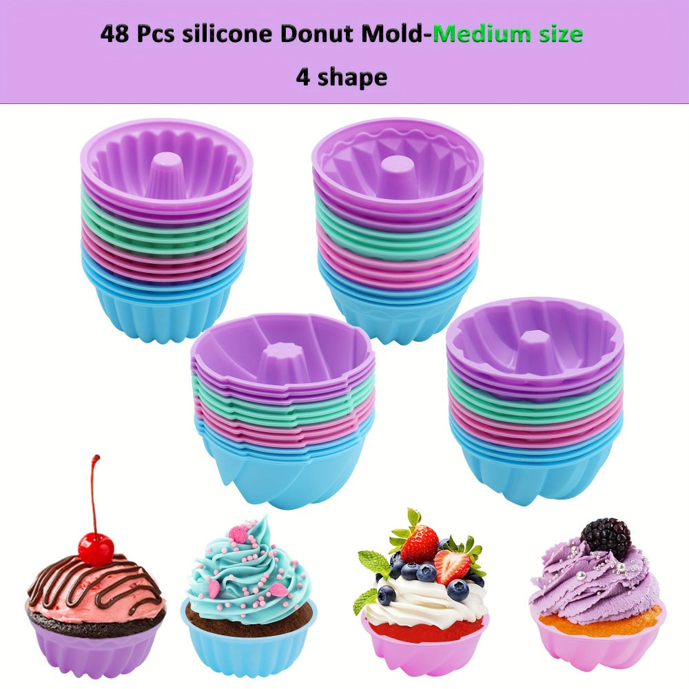Silicone Donut Mold 48pcs, Nonstick Silicone Baking Cups with 4 Shapes (Thread, Woven, Pumpkin, Flower), Muffin Jello Bagel Pan