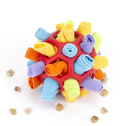 Dog Toy Fabric Snuffle Ball Treat Dispenser and Slow Feeder in Five Colors for Dogs and Puppies