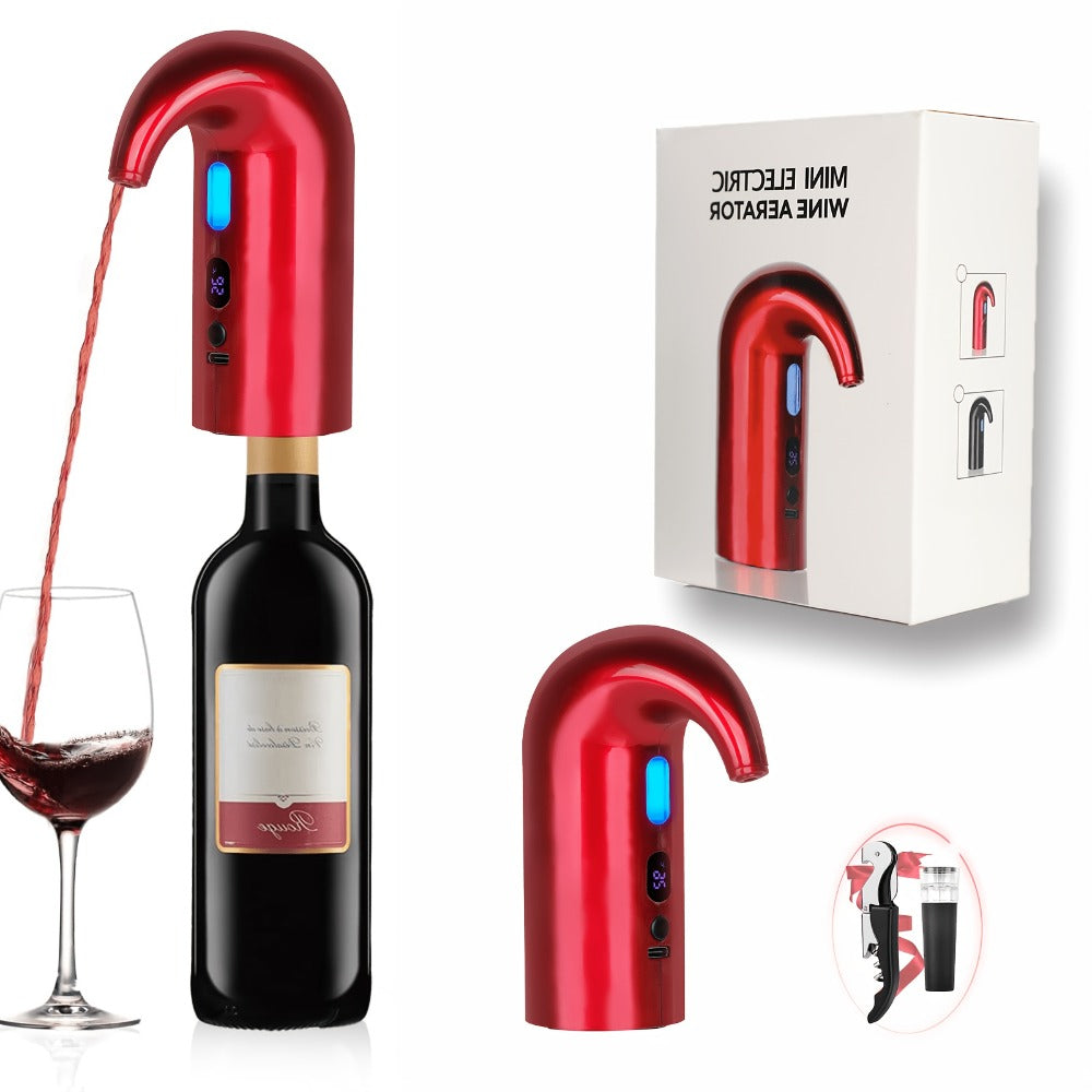 Electric Wine Aerator and Dispenser with Red or Black Housing, Three Checkout Configurations and Pictured Accessories