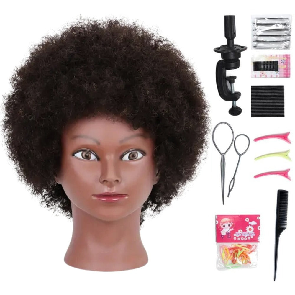 Mannequin Head Human Hair Afro Curly with Clamp Cosmetology Practice Training Head for Hairdresser Braiding Styling Cutting 4 Styles Natural