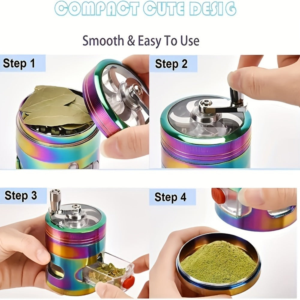 Spice Grinder 4-Layer Hand Crank Metal Herb Grinder, Colorful Rainbow Multifunctional Spice Crusher for Kitchen