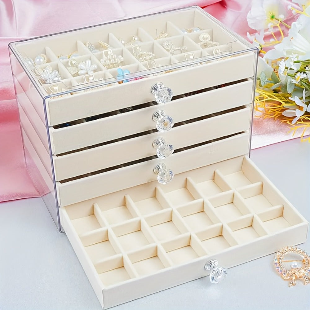 Jewelry Organizer 5-Tier 56-Grid Drawer Box in Gray or Beige for Rings, Earrings, Brooches and Hair Clips