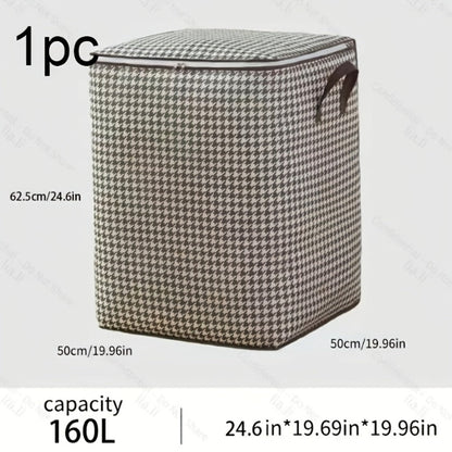 Large Storage Bags Houndstooth Non-Woven Fabric Organizer with Double Zipper & Handles – 160L/180L Dustproof Foldable Storage Box