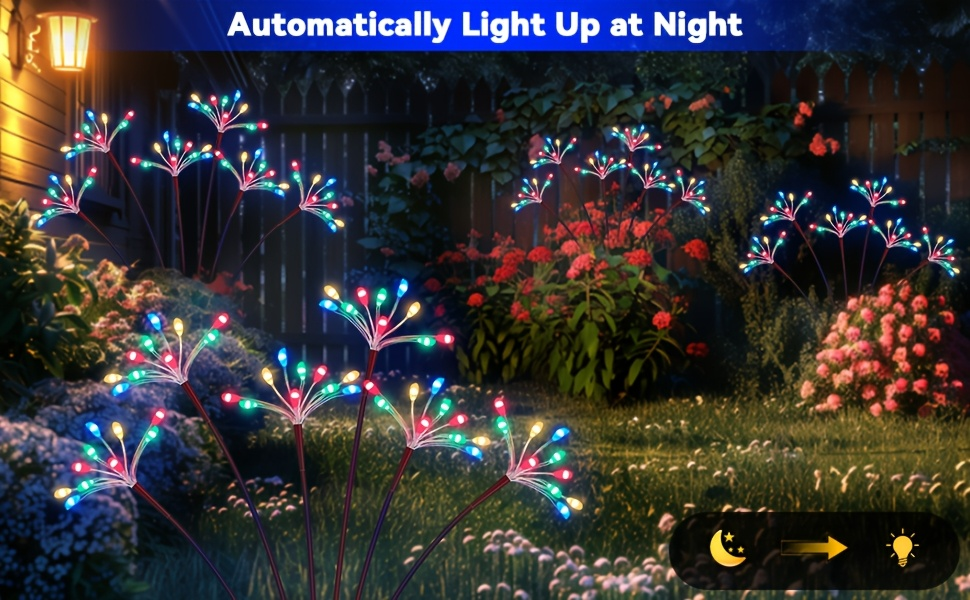Solar Garden Lights 4-Pack Swaying Firework Stakes with Two Modes and Six Colors for Flowerbed Decor