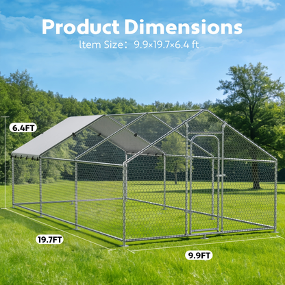 Dog Kennel Outdoor Large Metal Walk-in Chicken Run Pen Poultry Cage with Anti-UV Cover Movable Rack for Garden, Patio and Yard Use